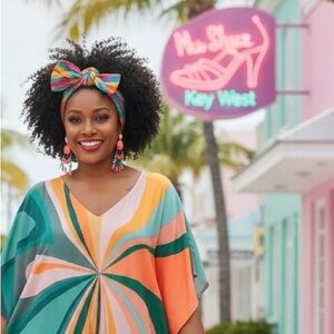 Roper Romp 70s Teal Coral Abstract Swirl Caftan Maxi Maxi Dress